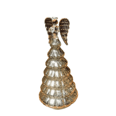 Nikcorp Stekleno božično drevo z angelom 25,4 cm | LED osvetlitev in časovnik | Namizna božična dekoracija srebrna