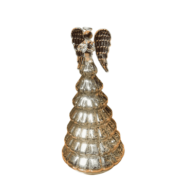 Nikcorp Stekleno božično drevo z angelom 25,4 cm | LED osvetlitev in časovnik | Namizna božična dekoracija srebrna