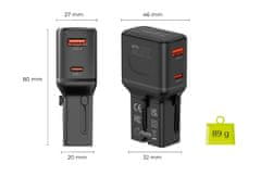 Mobile-origin PW25 potovalni adapter, EU/US/UK/AU, 35 W, črn
