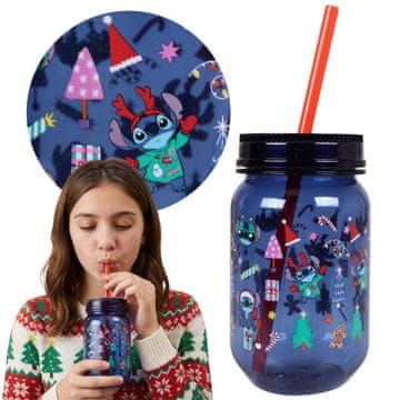 Disney DISNEY Stitch Božični vrč s slamico, plastična posoda z navojnim pokrovom za pijače 450 ml