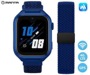 Manta Stelio Junior PRO AI 4G otroška pametna ura, GPS+WIFI+LBS lociranje, SOS gumb, modra (Navy Blue)