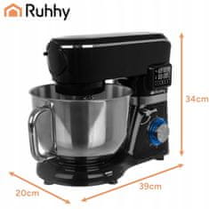 Ruhhy 3v1 2300W planetarni mešalnik robot LCD z ogrevano posodo črn 6,2L