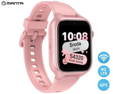 Manta STELIO JUNIOR otroška pametna ura, 4G LTE, SOS gumb, roza (Powder Pink)