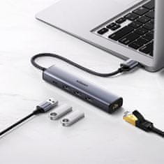 Ugreen Večfunkcijski USB 3.0 HUB razdelilnik – 3x USB, Ethernet RJ-45, USB-C PD, siv