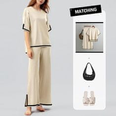 Nikcorp Ženski dvodelni komplet bež barve, udoben pajac, ohlapna bluza in hlače s širokimi hlačnicami, ena velikost
