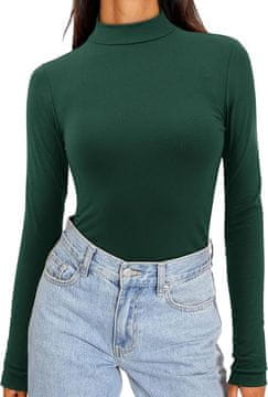 Nikcorp Ženski pulover s puli ovratnikom, temno zelena oprijeta majica z dolgimi rokavi, M, elegantna elastična bluza