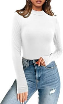 Nikcorp Bela ženska majica s puli ovratnikom, oprijeta elegantna bluza z dolgimi rokavi, XL