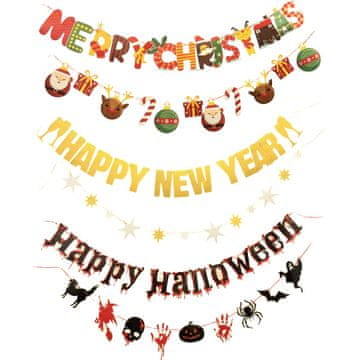 Nikcorp Set dekorativnih girland za Božič, Novo leto in Halloween, 3 kosi, praznični napisi za zabave in okrasitev prostora
