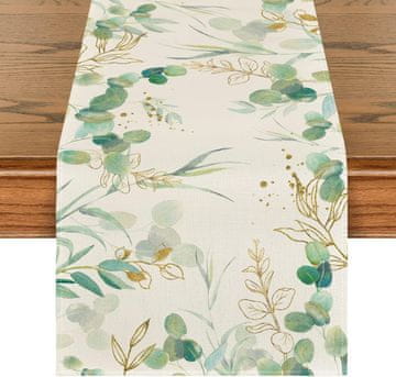 Nikcorp Namizni tekač evkaliptus 40x100 cm, dekorativni prt z zelenim potiskom, trpežen poliester, za kuhinjo in jedilnico