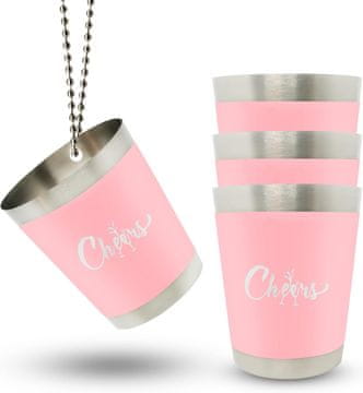 Nikcorp Kozarci za šilce 4 kosi rožnati, set iz nerjavečega jekla z verižico za okoli vratu, 40 ml, za zabave