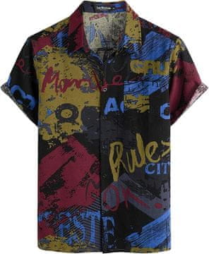 Nikcorp Havajska moška srajca kratek rokav, bombaž in lan, črno-rdeča, etno vzorec, S