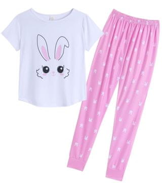 Nikcorp Ženska dvodelna pižama belo-rožnata, majica s kratkimi rokavi in dolge hlače, udobna in mehka za spanje, 32