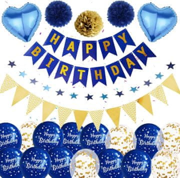 Nikcorp Modro-zlati baloni za rojstni dan, girlanda in konfeti – komplet dekoracije za fantke, punčke in otroke