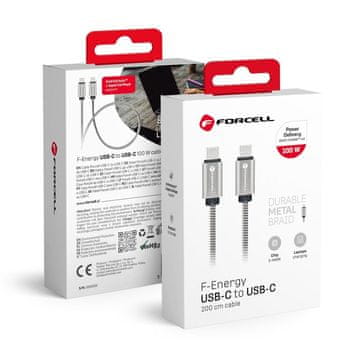 FORCELL Forcell F-Energy QC4.0 PD 5A 100W E-Mark kovinski kabel USB C na USB C, 2 m, C239 srebrna