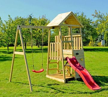 Leseni igralni stolp Gorilla s toboganom, plezalno steno, gugalnico in mizo za piknik - 290x270x270 cm