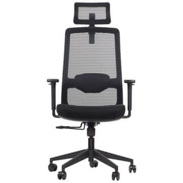 STEMA Vrtljivi pisarniški stol WISTER. Po višini nastavljiv naslon. Najlonsko podnožje, sinhroni mehanizem, podaljšek sedeža, mehka kolesa, nastavljivi nasloni za roke, vzglavnik in ledvena opora. Črna.