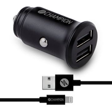 Champion Avtopolnilec 24W + USB-A na Lightning Cable črn