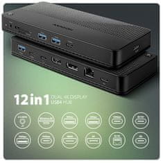 AXAGON HMC-U4, USB4 40Gb/s dock, 3x USB-A, 2x USB-C, HDMI in DP 8K/30Hz, RJ-45, SD/mSD, zvok, PD 100W, kabel USB-C 80cm