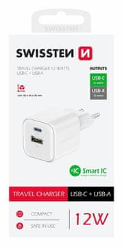 SWISSTEN Napajalnik 12W 1x USB-C + 1x USB-A bele barve