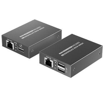 XtendLan CAT6 HDMI extender, oddajnik+sprejemnik, 40m 4k/2k/1080p po enem kablu CAT6, POC, IR in USB prenos (KVM)