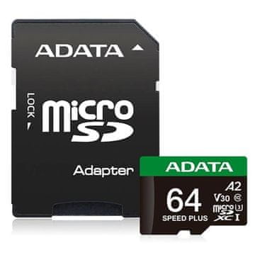 A-Data Speed Plus 64GB 160 MB/s / 140 MB/s pomnilniška kartica, U3, C10, A2, V30, z adapterjem