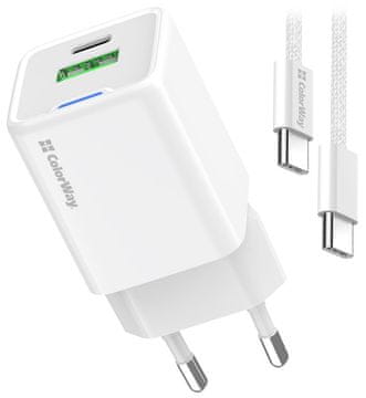 COLORWAY 1x USB-C/ omrežni polnilnik/ GaN/ PD/ PPS/ QC/ 35W/ vključen 100 cm kabel/ bela