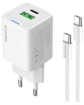 COLORWAY 1x USB-C/ 1x USB-A/ omrežni polnilnik/ GaN/ PD/ PPS/ 20W/ Bela + 1x kabel USB-C