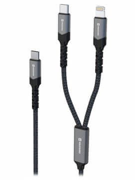 Swissten polnilni kabel 2v1 USB-C / USB-C + Lightning 100w 1,5 m črn