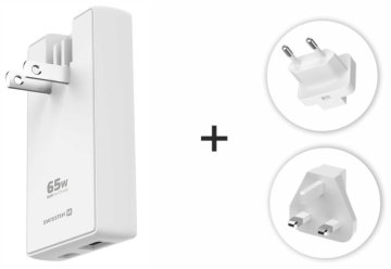 Potovalni adapter Swissten GaN USB-C + USB-A 65w Zamenljiva vilica (ZDA, EU, Velika Britanija), bela