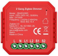 Nedis pametno dvojno stikalo za luč/ 2x 100W/ priključek na terminal/ Zigbee 3.0/ Android/ iOS/ SmartLife/ rdeča