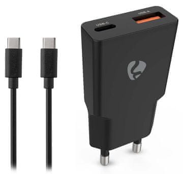 NEDIS omrežni polnilnik/ 20 W/ PD 3.0/ hitro polnjenje/ 1,5 / 2,0 / 2,22 / 3,0 A/ USB-A/ USB-C/ črn/ 1,5 m kabel