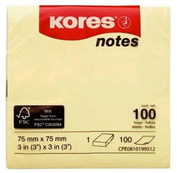 Kores Samolepilni beležni blok - rumen - 75 × 75 mm, 100 listov