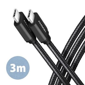 AXAGON BUCM3-CM30AB, SPEED kabel USB-C <-> USB-C, 3 m, USB 3.2 Gen 1, PD 60W 3A, ALU, oplet, črn