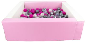 slomart Kvadratni bazen iz ekokože s 200 žogicami, 5 elementov (Barva bazena/žogic: bela, roza (pastel)/perljasta, prozorna, roza, srebrna)