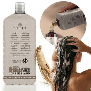 PRIJA PRIJA 2v1 šampon za lase, tekoči gel za tuširanje z ginsengom, polnilo, VEGAN 1 L