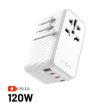 FIXED Potovalni adapter Voyager 120W za EU, UK in ZDA/AUS, z izhodom 3xUSB-C in 1xUSB, GaN, PD 120W, bel