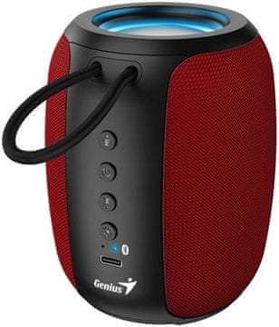 Genius SP-915BT Zvočnik, brezžični, Bluetooth, 5 W, osvetlitev LED, USB-C, do 6 ur delovanja baterije, mikrofon, podpora za Copilot, rdeča in črna barva