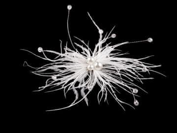 Broška iz perja z biseri in brušenimi kroglicami - bela