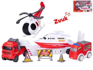 Tovornjak 30 cm na vztrajnik na baterijo z zvokom + vozila gasilcev 3 kosi in dodatki