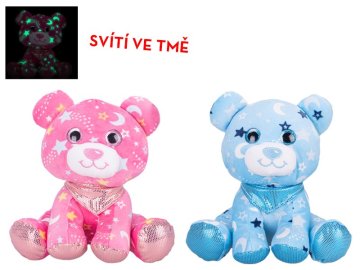 Medvedek 20 cm s šalom, ki sveti v temi - mešanica barv (modra, roza)
