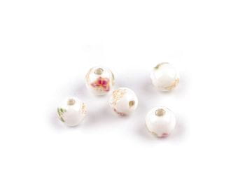 Porcelanske kroglice s cvetovi Ø8 mm - rumeno roza (5 kosov)