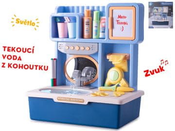 Modri umivalnik 35x23x40 cm za pipe s tekočo vodo s svetlobo, zvokom in dodatki