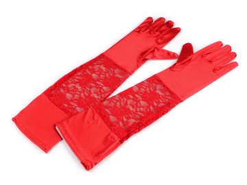 Dolge satenaste formalne rokavice s čipko - rdeče
