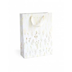 Darilna vrečka - L, 33 x 24 cm, bela, zlati cvetovi,
