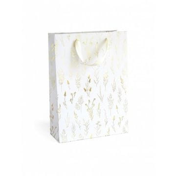 Darilna vrečka - L, 33 x 24 cm, bela, zlati cvetovi,