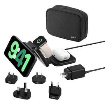 Belkin BOOST CHARGE PRO Qi2 3v1 Brezžična zložljiva potovalna podloga za iPhone/Apple Watch/AirPods, črna + adapterji