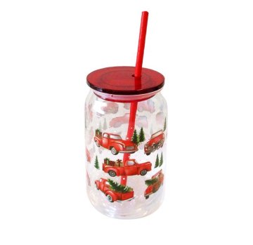 STEKLENICA 480ML Z MOTIVOM BOŽIČA, PLASTIČNIM POKROVOM IN SLAMICO