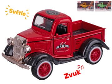 Avto old timer 11 cm kovinski avto na baterije s svetlobo in zvokom - mešanica barv (rdeča, rumena, zelena)