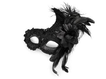Karnevalska maska - čipkast šal s perjem - črna