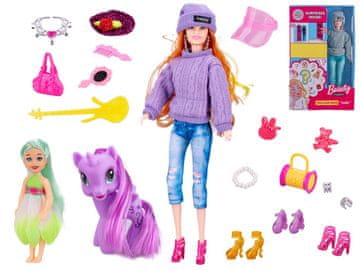 Lutka presenečenja 29 cm z dodatki - mešanica barv (vijolična, zelena)